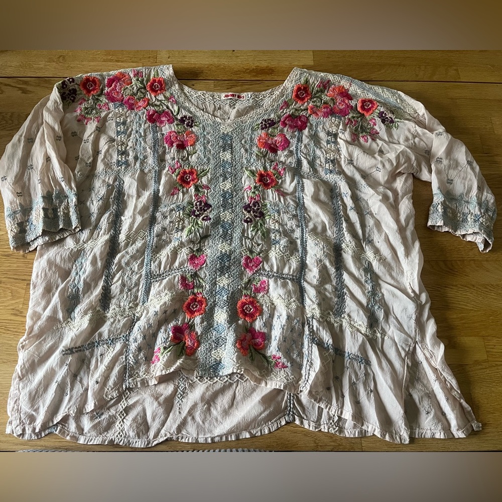 Johnny Was Floral Embroidered Blouse - Pink and Blue